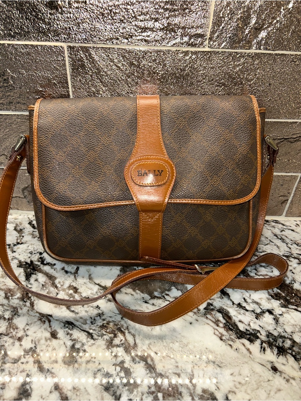 Bally Vintage Brown Monogram Leather Crossbody with Tan Trim EUC